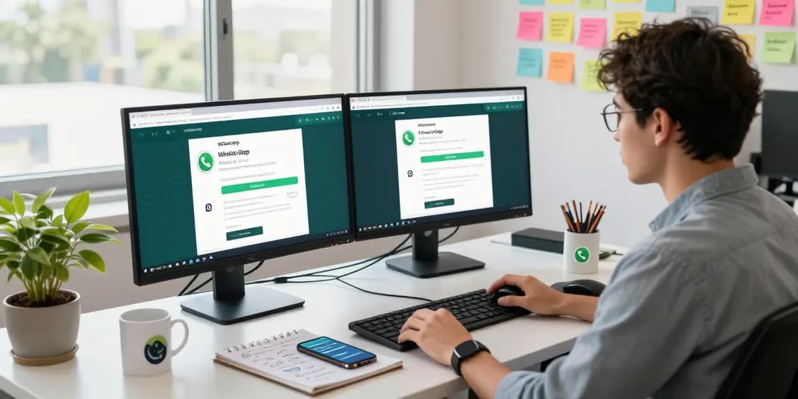 Engaged user utilizing WhatsApp網頁版 on dual monitors in a modern workspace.