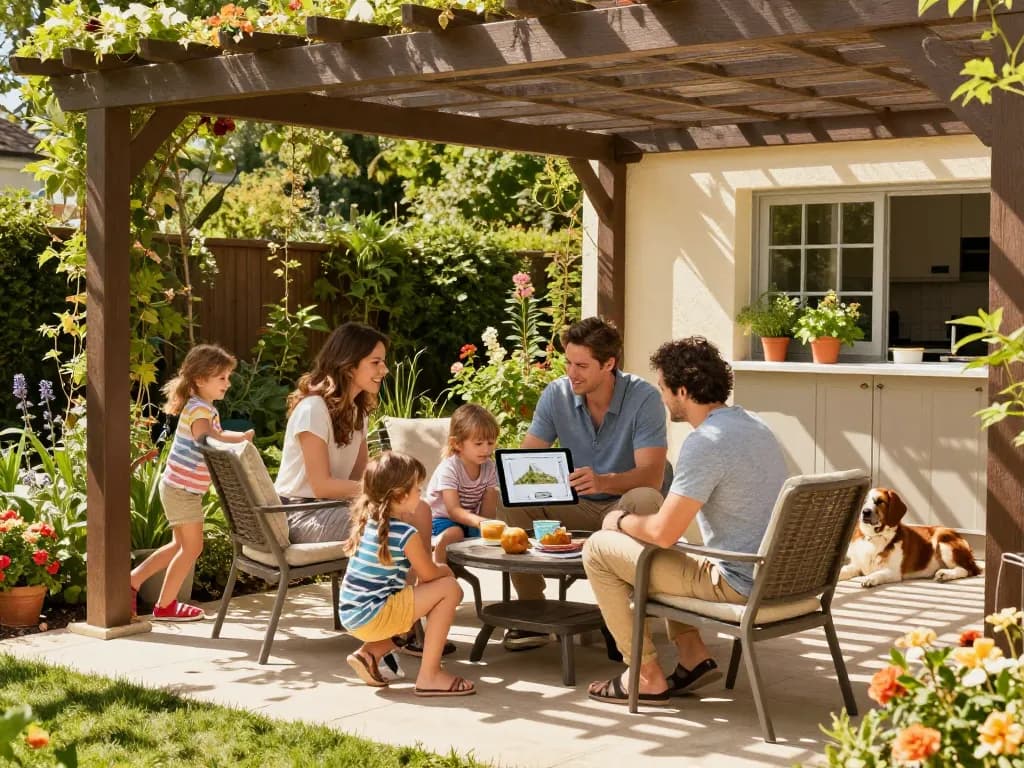 Experience outdoor living with a 3D Pergola Configurator showcasing a family around their newly designed pergola.