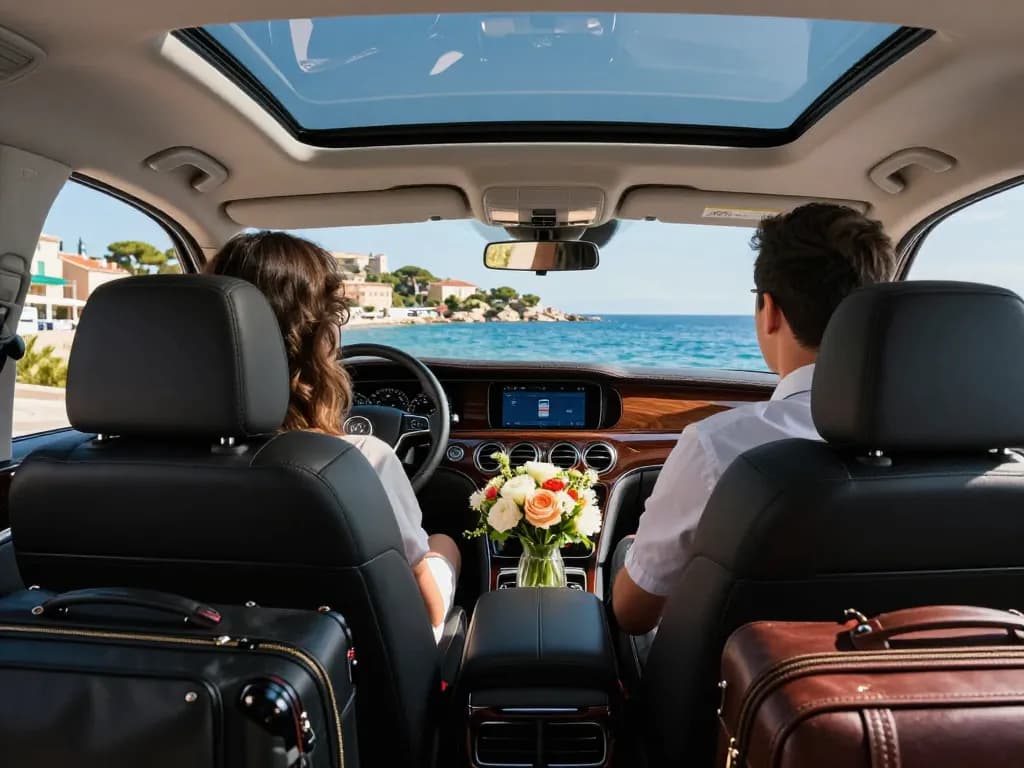 Voyageur de Taxi Saint-Tropez profitant d'une balade luxueuse dans une berline élégante, admirant des vues pittoresques sur la côte et les monuments.