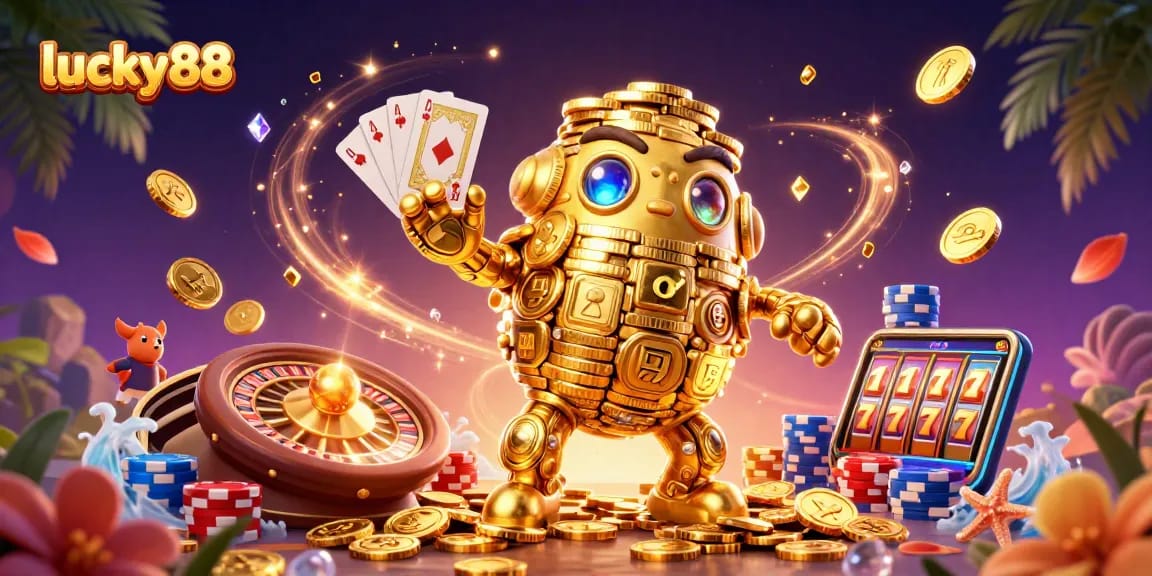 Experience the excitement of lucky88 with a dynamic 3D illustration showcasing vibrant casino elements and characters.