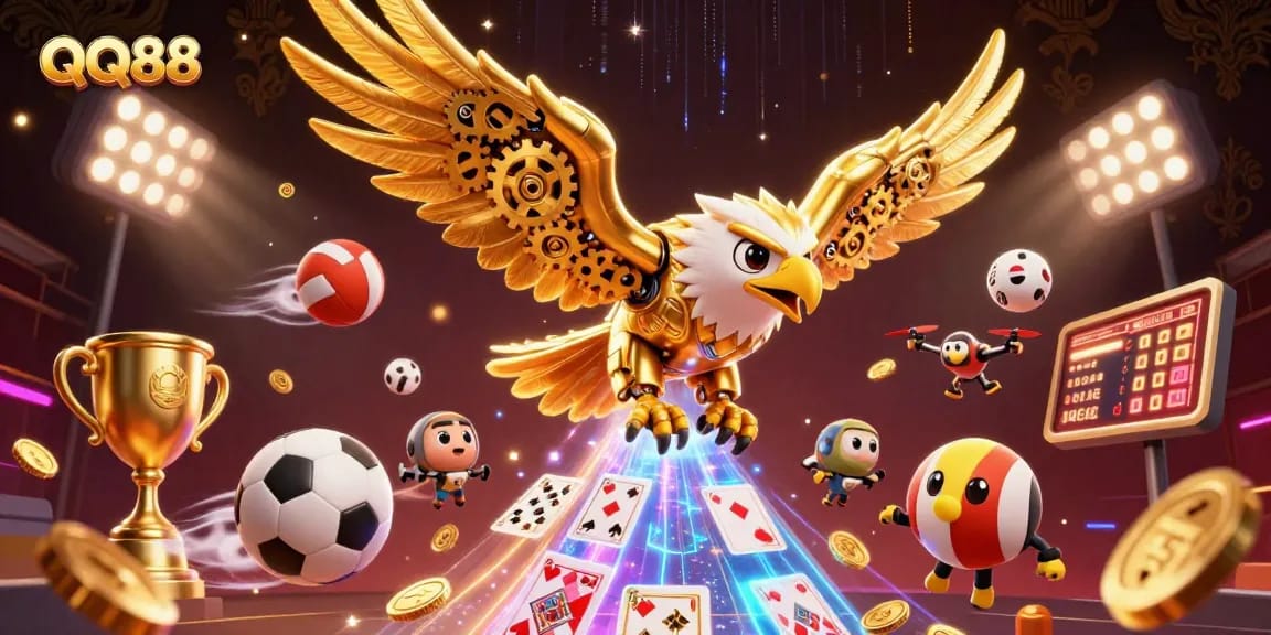 Experience gaming excitement with QQ88's vibrant 3D digital illustration featuring dynamic casino elements.