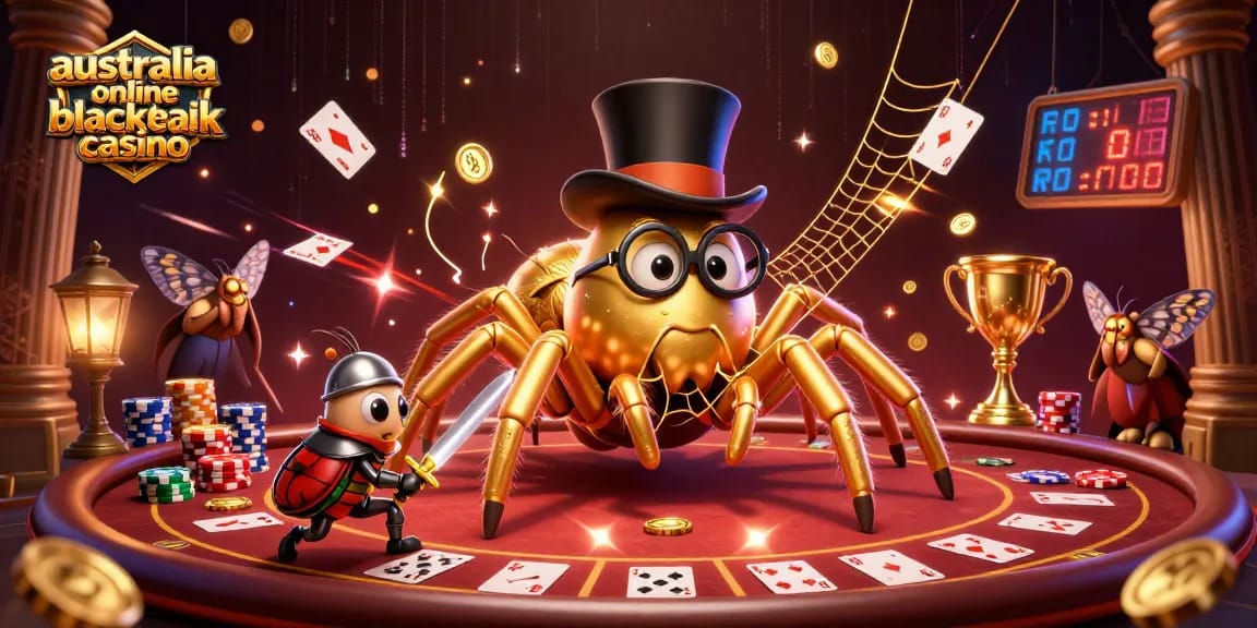 Engage with australia online blackjack casino in a vibrant scene of dynamic poker action and whimsical characters.