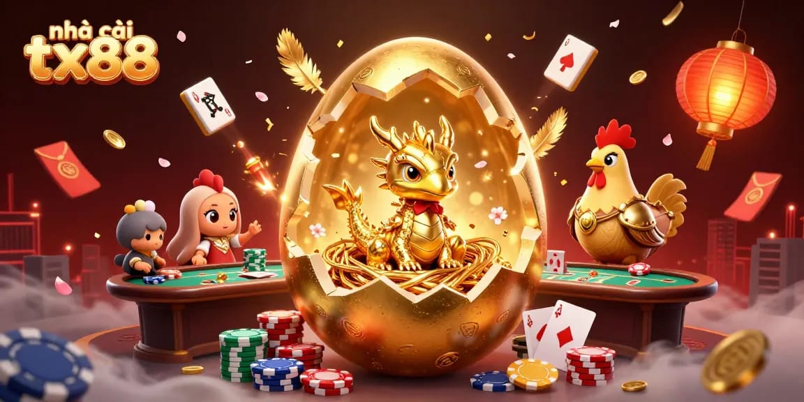 Experience the vibrant world of nhà cái tx88 featuring a golden dragon amidst lively casino elements.