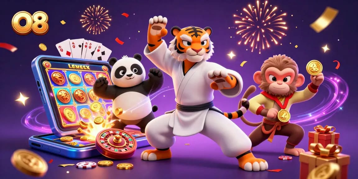 Engage in thrilling moments at O8 with a playful scene of a kung fu tiger, panda, and monkey amidst dazzling casino elements.