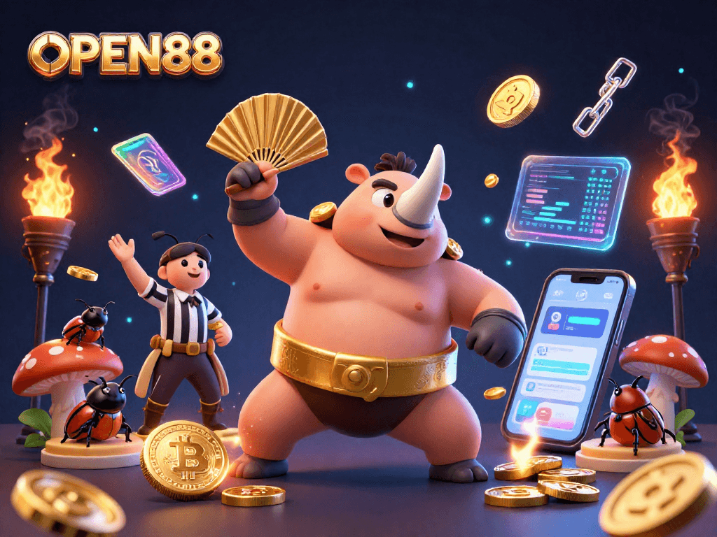 OPEN88 showcases a vibrant 3D cartoon scene with a beetle champion amidst flying crypto coins.