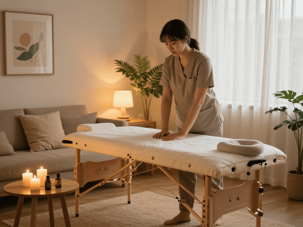 Relaxing home atmosphere for 화성출장안마 with massage therapist preparing a cozy space.