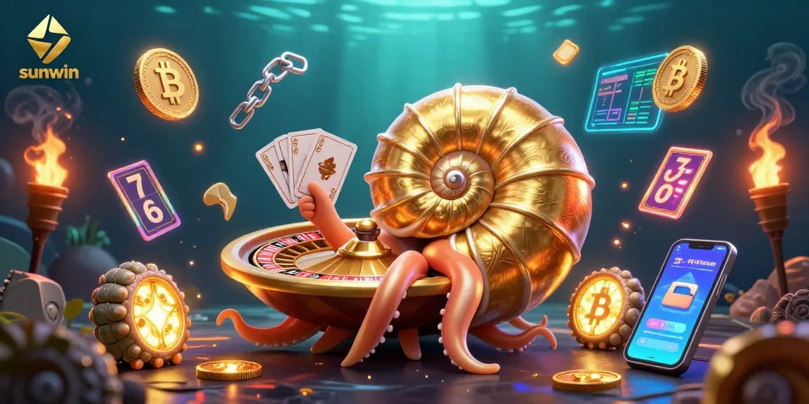 Win big with sunwin at the vibrant casino, featuring dynamic 3D elements and glowing treasures.