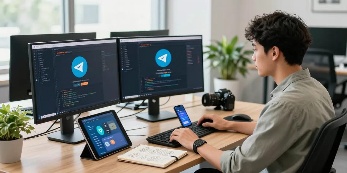 Developer focused on Telegram Download in a modern workspace with tech gadgets and coding screens.
