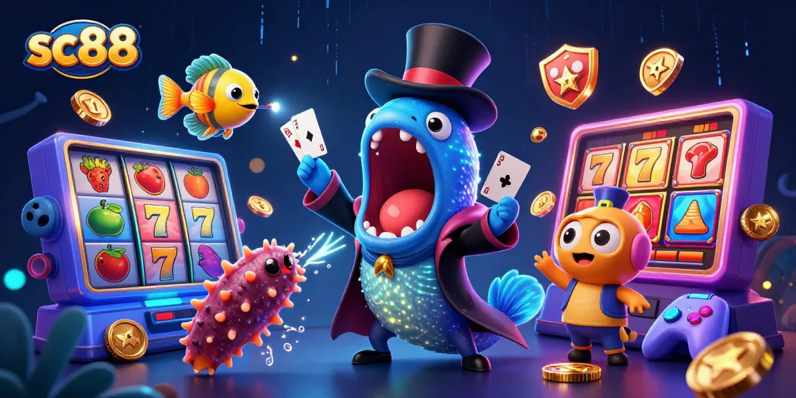 Experience sc88 magic with a deep-sea eel performing casino card tricks in a vibrant scene.