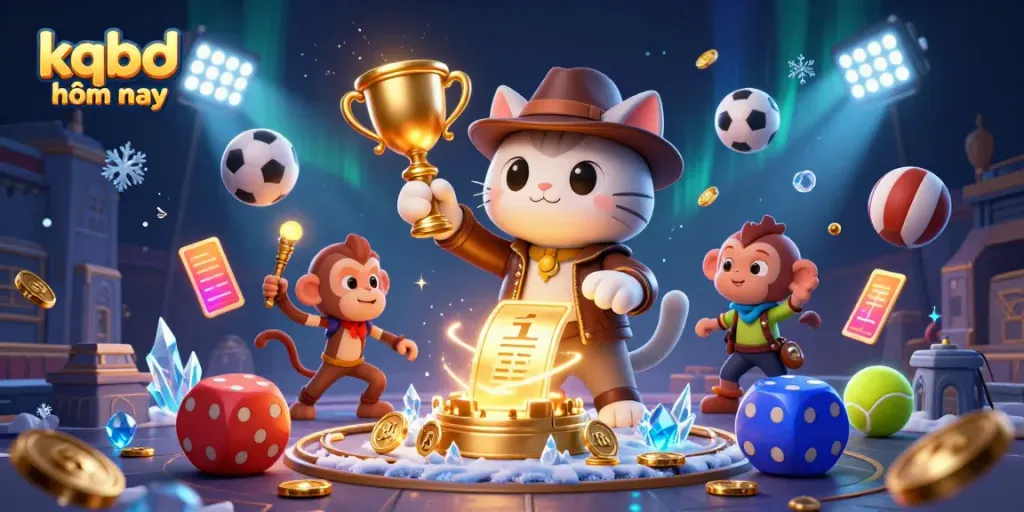 Experience KQBD hôm nay with a vibrant scene illustrating golden casino artifacts and dynamic sports elements.