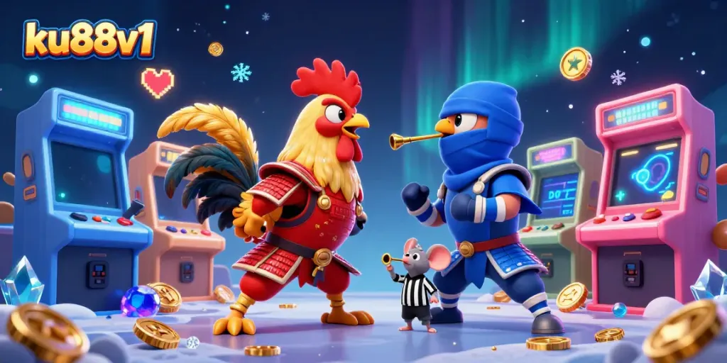 Experience the dynamic standoff of ku88v1's fighting roosters in an electrifying casino-themed scene.
