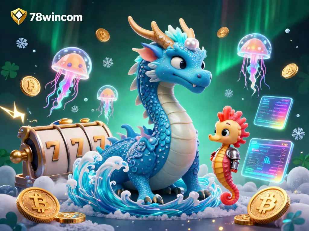 Engage in thrilling 78wincom gaming with a vivid water dragon amidst slots and crypto coins.