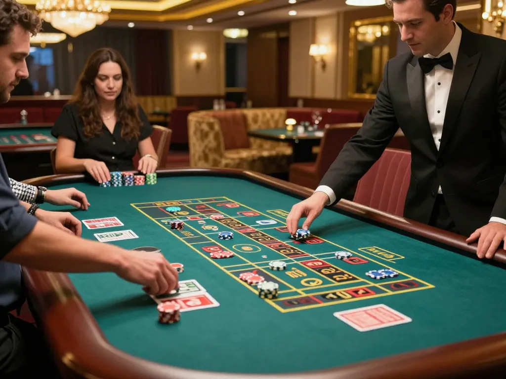 Players placing bets at xin88's roulette table in a vibrant casino atmosphere