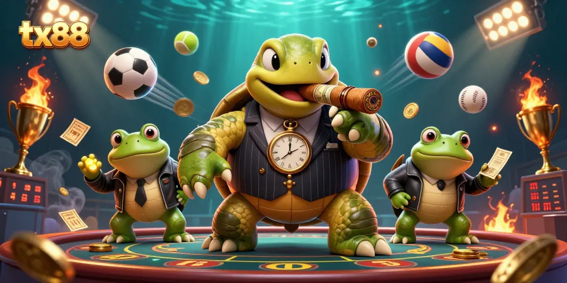 Engage in thrilling sports betting with tx88, featuring a cartoon turtle mobster amidst vibrant casino elements.