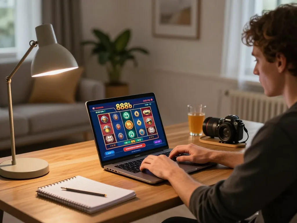 Player engaging in online casino action on 888b with cozy home atmosphere and strategic notes.