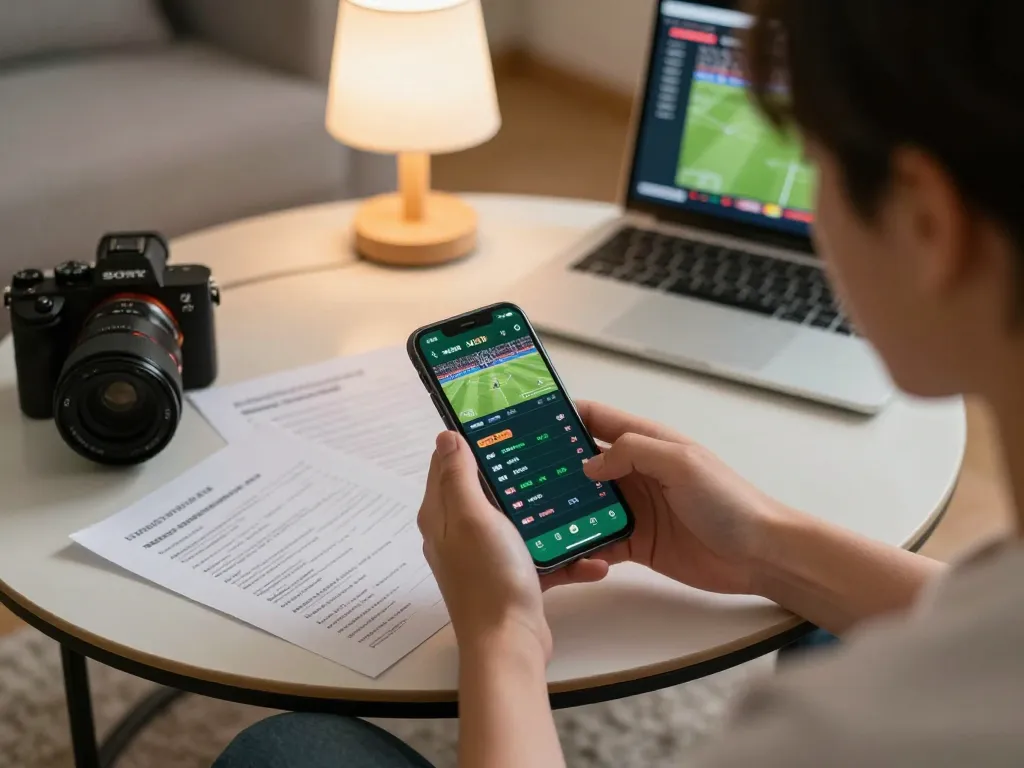 Engaging live sports betting session on smartphone displaying co88 app with strategic notes on coffee table.