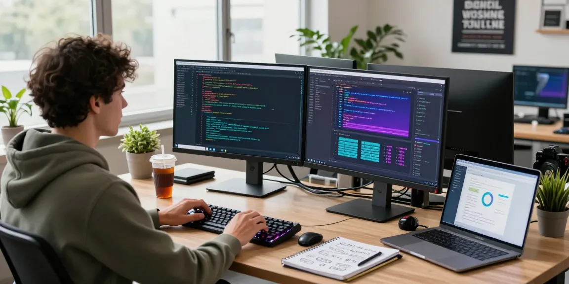 WPS Download in a dynamic tech workspace featuring a focused software developer coding on dual monitors.