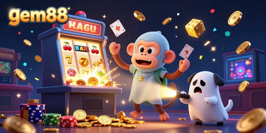 Experience excitement with gem88, showcasing the thrilling world of casino games and jackpots in a haunted casino.