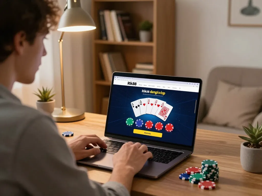 Engaging in Rik88 đăng nhập while playing online poker, showcasing a cozy home gaming environment with laptop and strategy notes.
