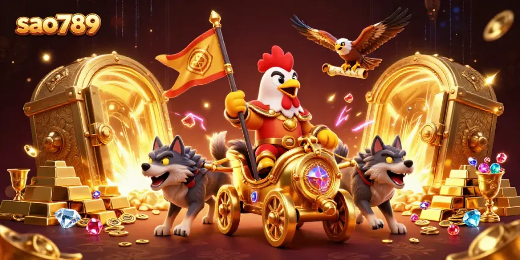Engage with sao789's vibrant casino adventure featuring a rooster warlord and golden treasures.