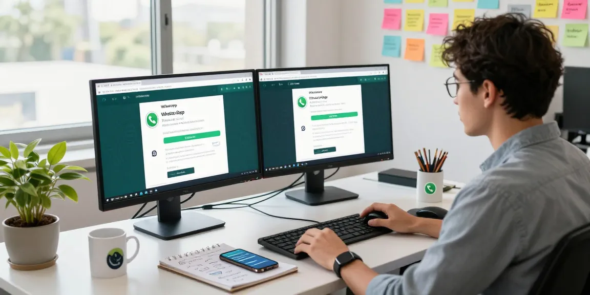 Engaged user utilizing WhatsApp網頁版 on dual monitors in a modern workspace.