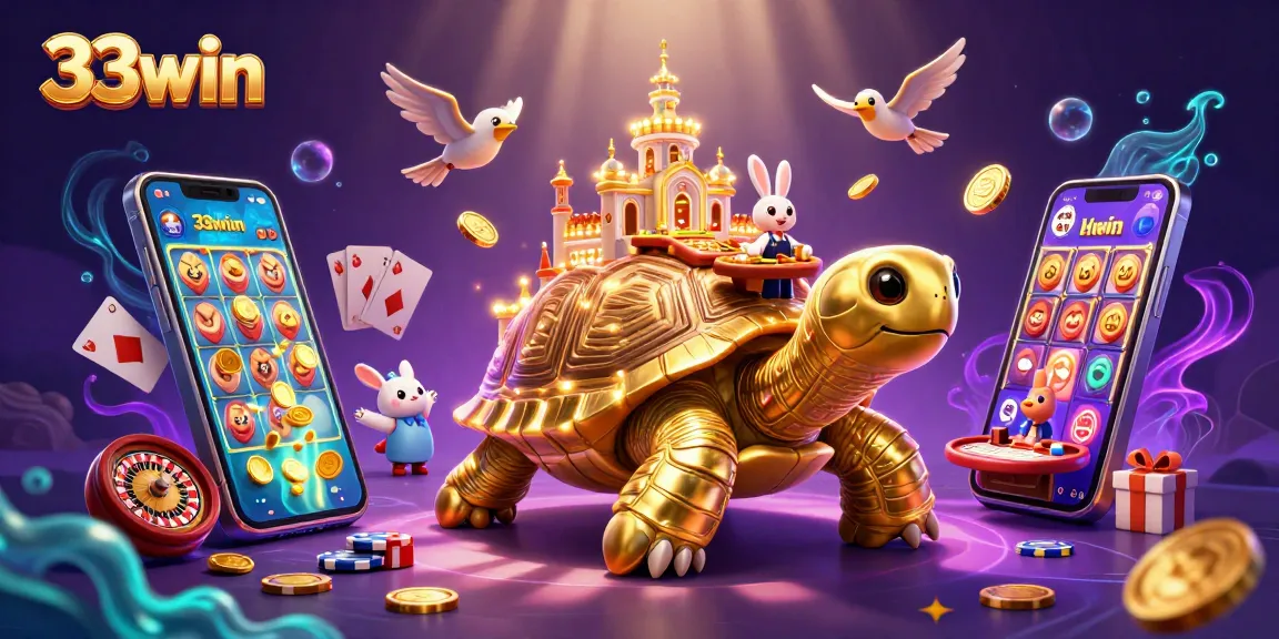 Engage with 33win's vibrant casino scene featuring a golden tortoise and thrilling slot action.