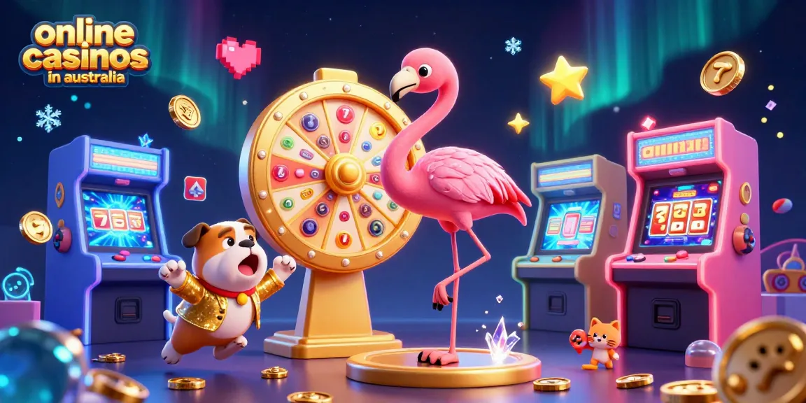 Spin to win at online casinos in Australia with a colorful 3D illustration of vibrant game elements and excited characters.