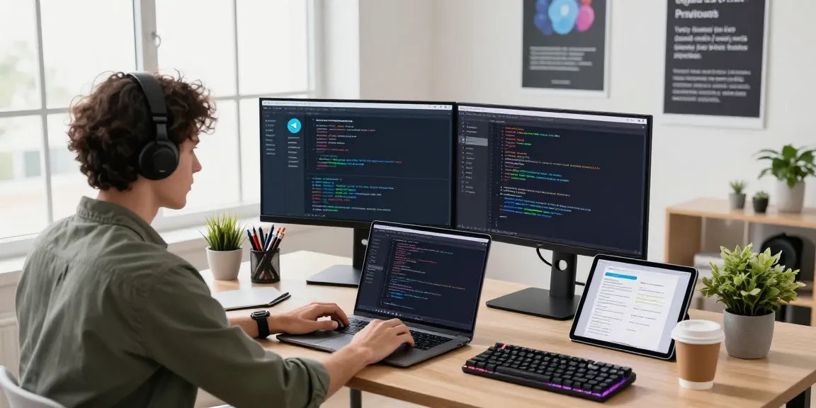 Developers coding on Telegram下载 app interface in a modern tech workspace.