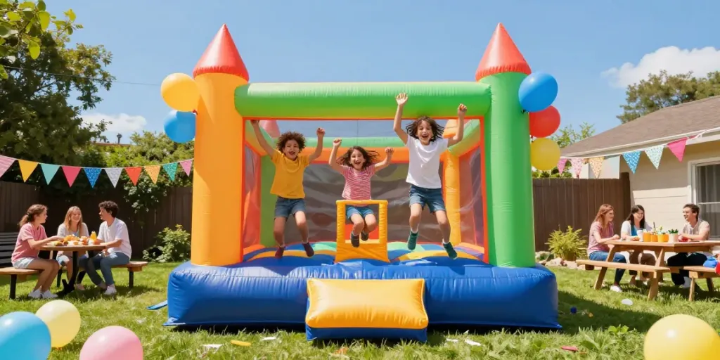 Children enjoying a bounce house party filled with laughter and colorful decorations.