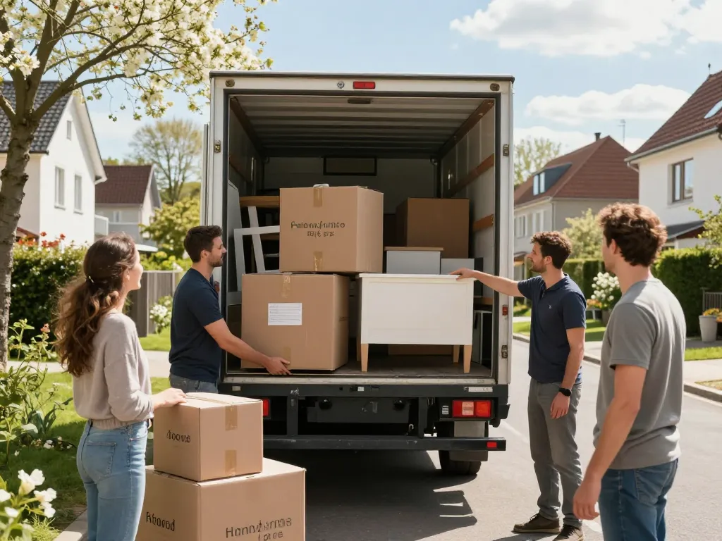 Professionelles Umzugsteam von Umzugsunternehmen Hannover lädt Möbel in einen Lkw in einem Wohngebiet.
