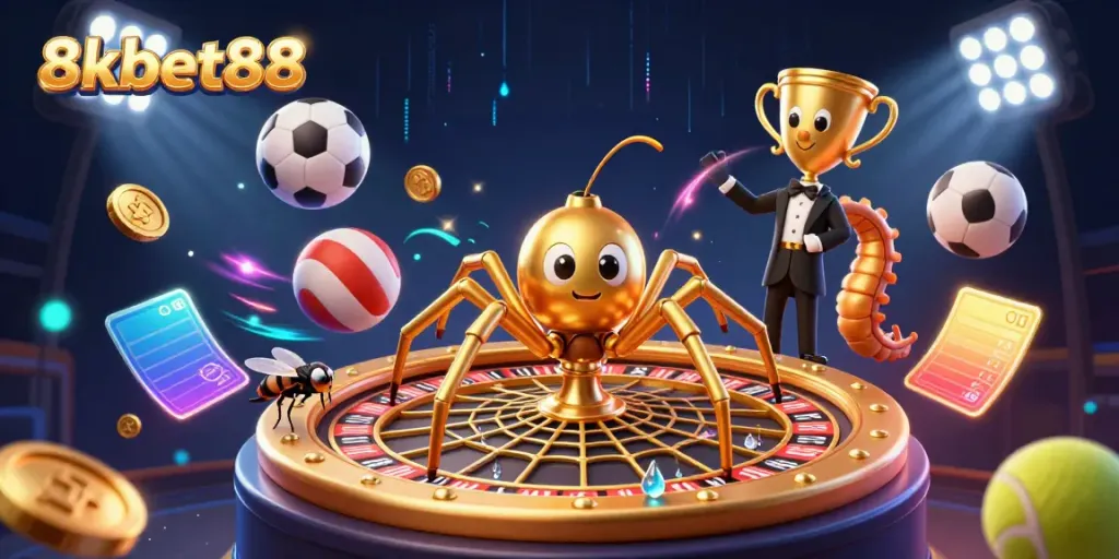 Experience thrilling action at 8xbet88 with golden spider web roulette and animated betting scene.