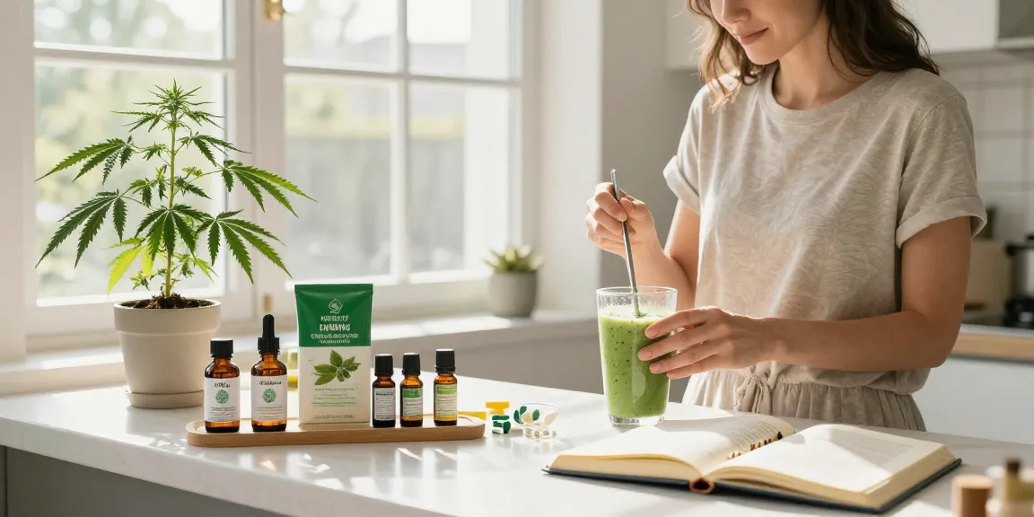 Ministry of Cannabis CBD oil and hemp extract in an inspiring morning wellness routine with smoothie and plants.