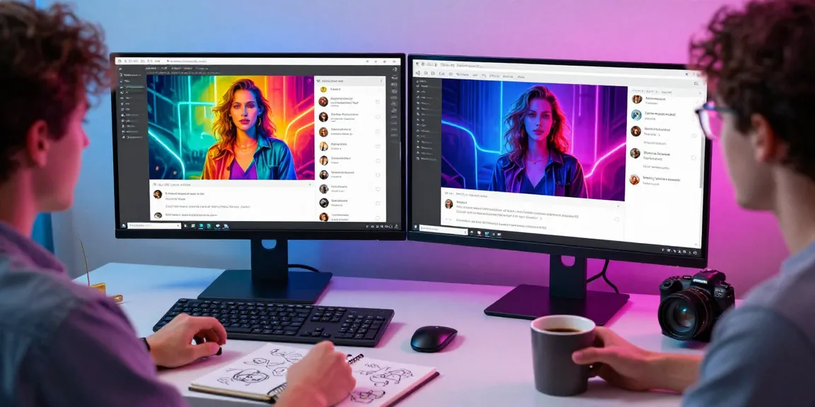 Engaging scene of a user interacting with an AI nsfw image generator, displaying vibrant visuals and chat dialogue in a modern workspace.