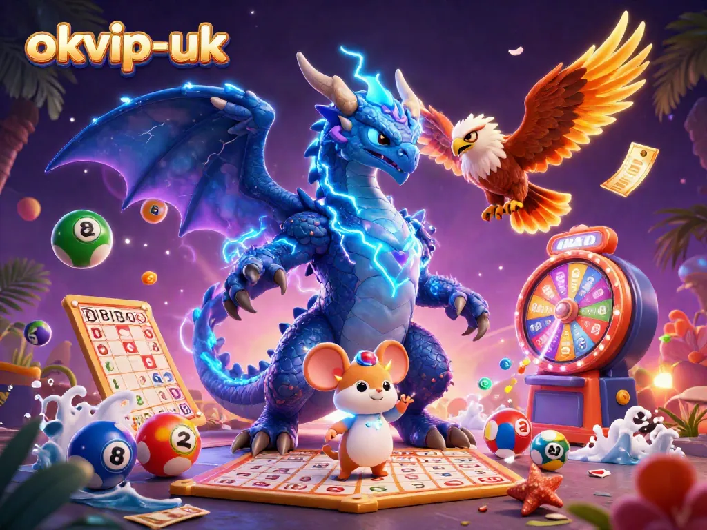 Win with exciting lottery games at okvip-uk, featuring vibrant characters and dynamic elements.