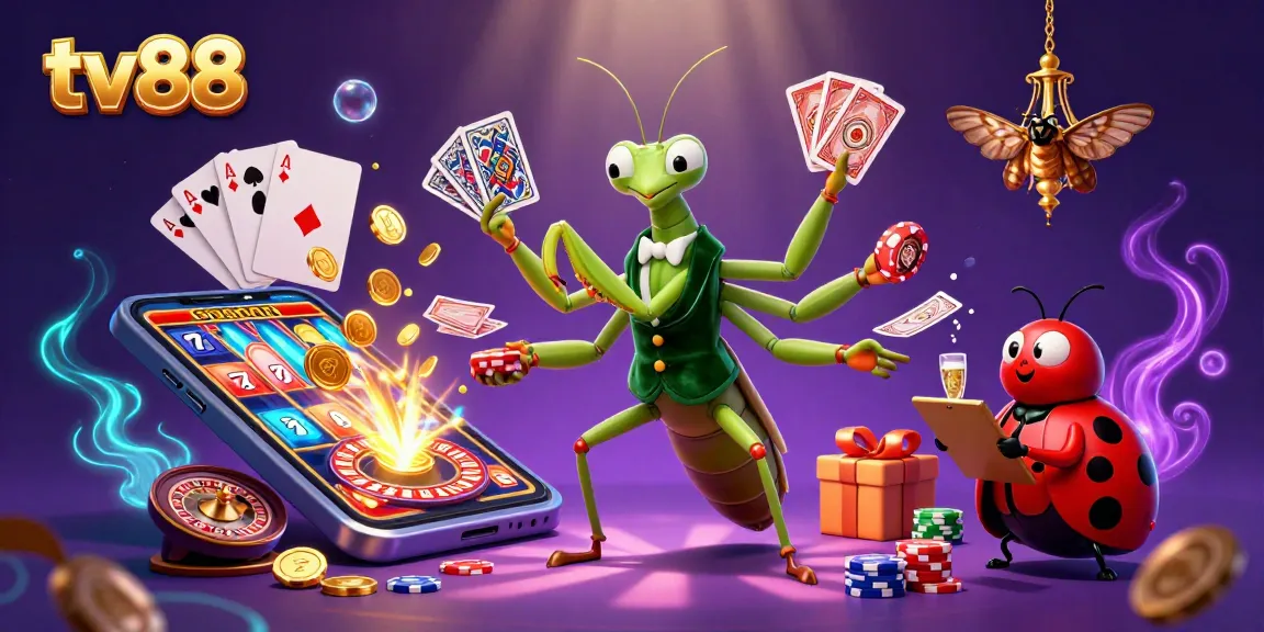 Spin reels and win at tv88 with a vibrant 3D casino scene featuring unique characters.