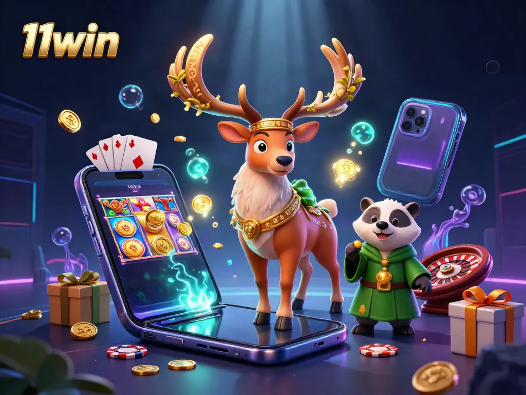 Engage in thrilling 11win slots with dynamic characters and vibrant gameplay elements surrounding a smartphone.