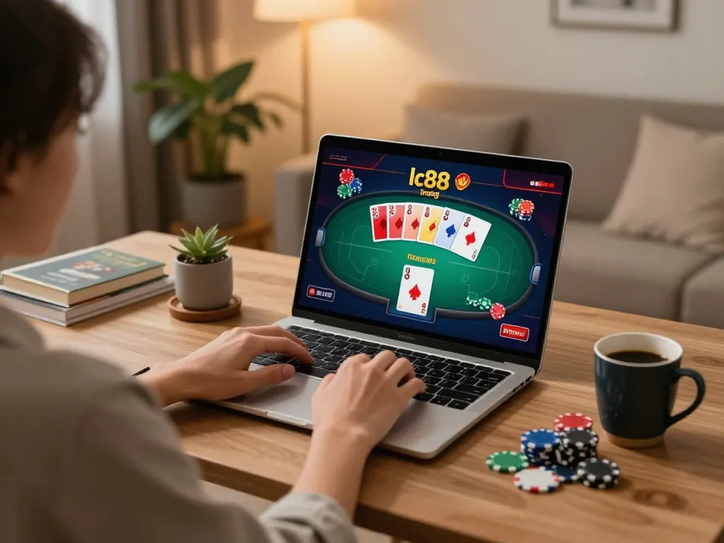 Enjoying a live poker game on lc88 trang chủ at home, showcasing an online gaming setup