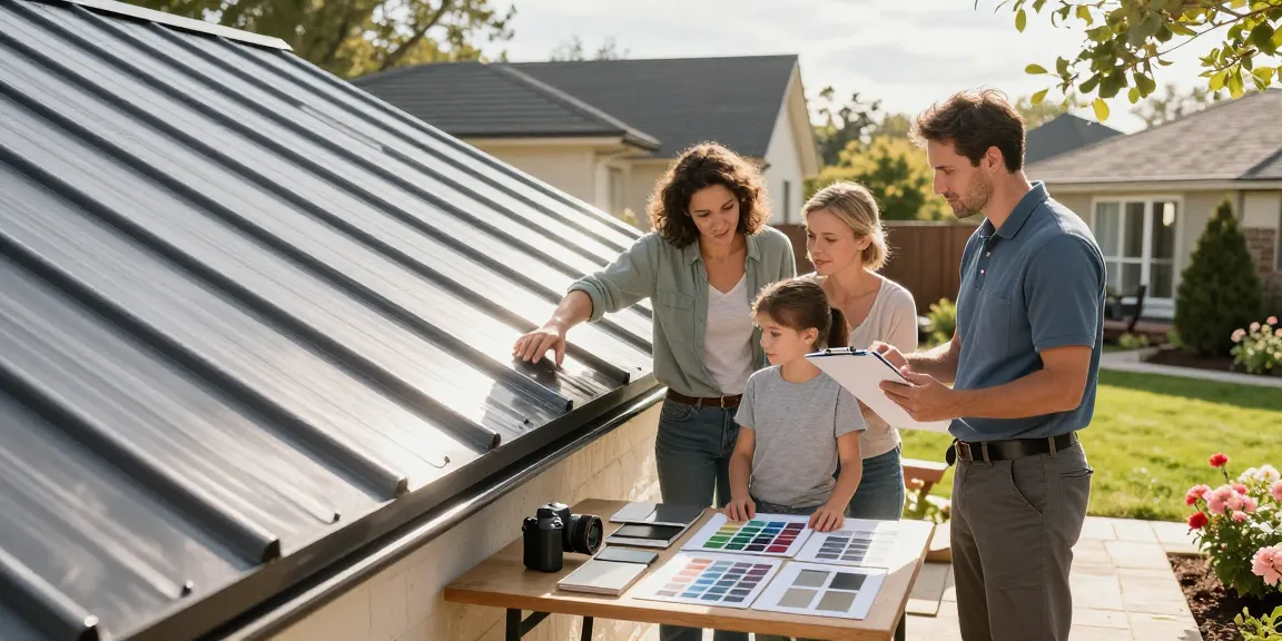 Mississauga metal roof company consultation with a family inspecting roofing options at home.