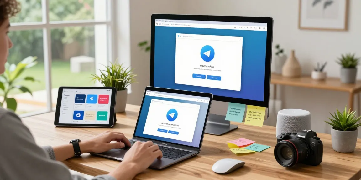 Downloading Telegram on a laptop in a bright home office setting with digital tools.