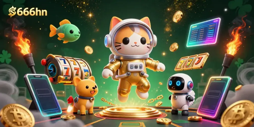 Engage in thrilling gaming with s666hn, featuring a golden astronaut cat and vibrant slot machines.