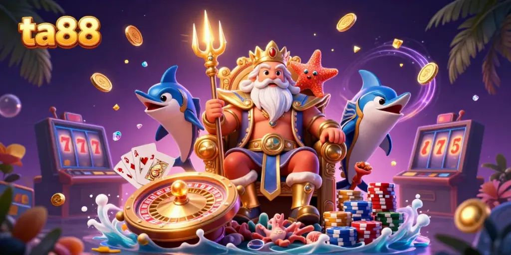 Engage with ta88's vibrant online casino scene featuring Neptune and samurai surrounded by games.