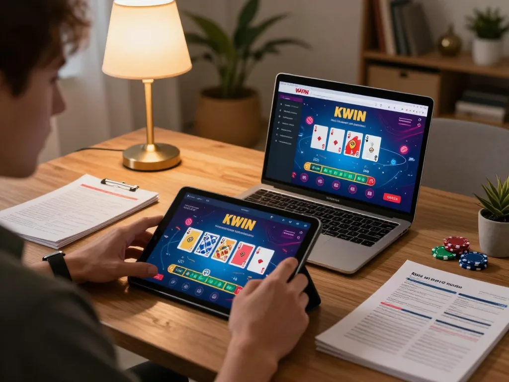Engaging player enjoying KWIN online casino experience on tablet, showcasing poker game with colorful cards and chips