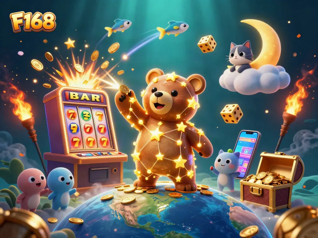 Engage with F168's vibrant online casino world through an imaginative 3D illustration.