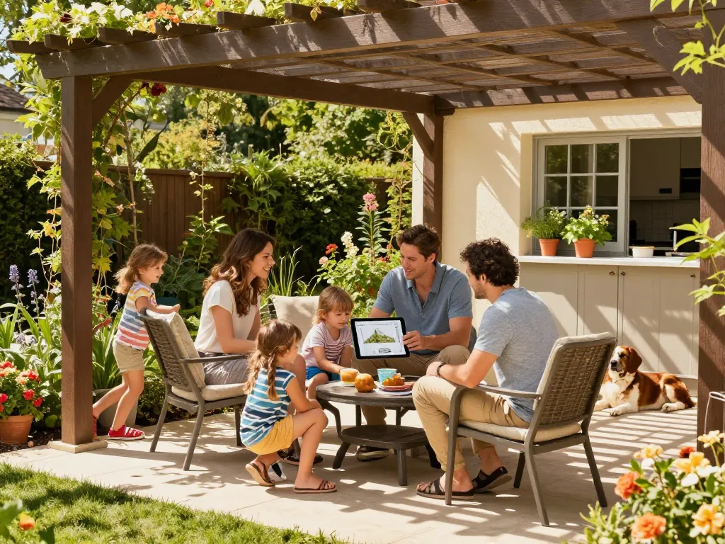 Experience outdoor living with a 3D Pergola Configurator showcasing a family around their newly designed pergola.