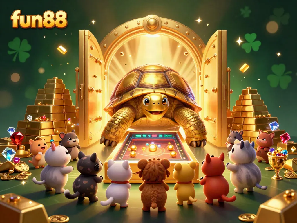 Experience fun88 with a golden tortoise pinball machine amidst jewels and vibrant casino elements.