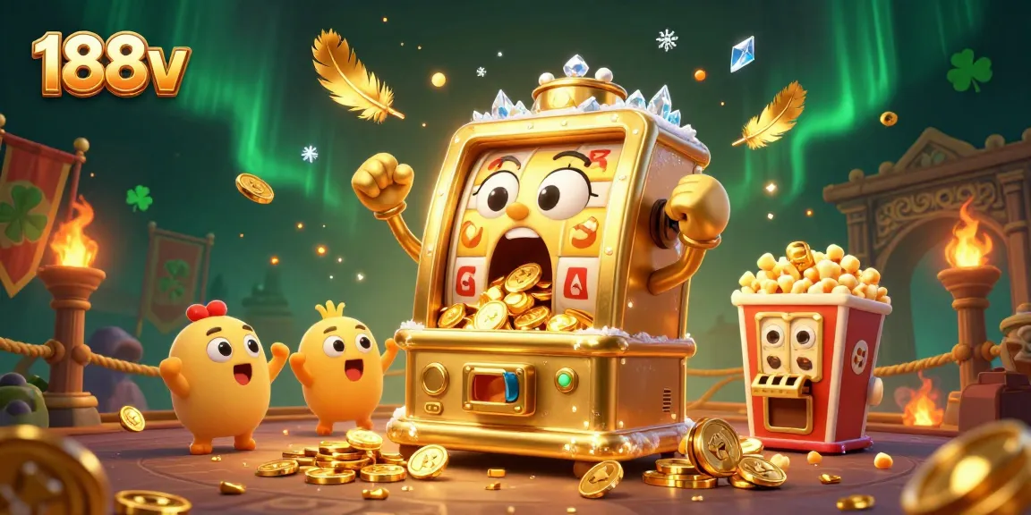 Experience big wins as 188v's golden slot machine hits a jackpot, surrounded by cheering characters and vibrant casino elements.