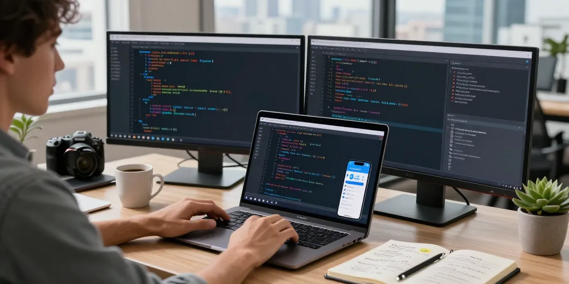 Dynamic tech workspace emphasizing Telegram下载 features on multiple screens, showcasing coding and productivity.