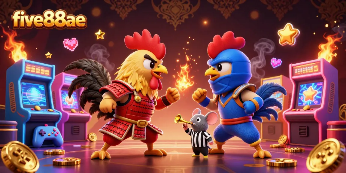 Challenge your luck at five88ae with an intense rooster match in a vibrant arcade!