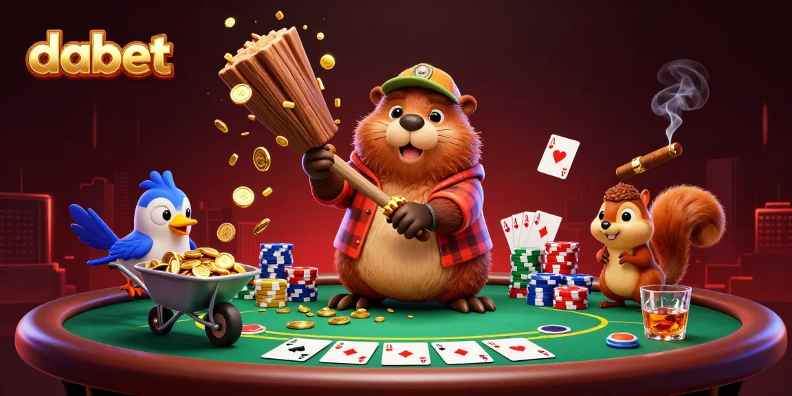 Dabet showcases a vibrant poker scene with a beaver, bird, and squirrel among chips and golden coins.