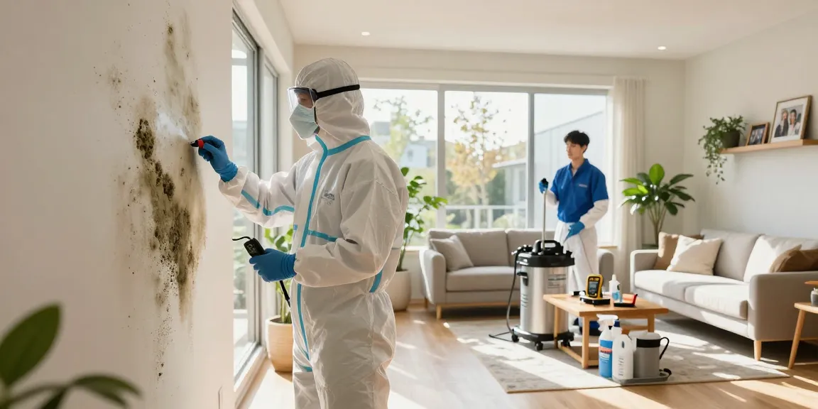 Mold Remediation Vancouver experts inspecting wall and using HEPA filtration equipment in a modern home.